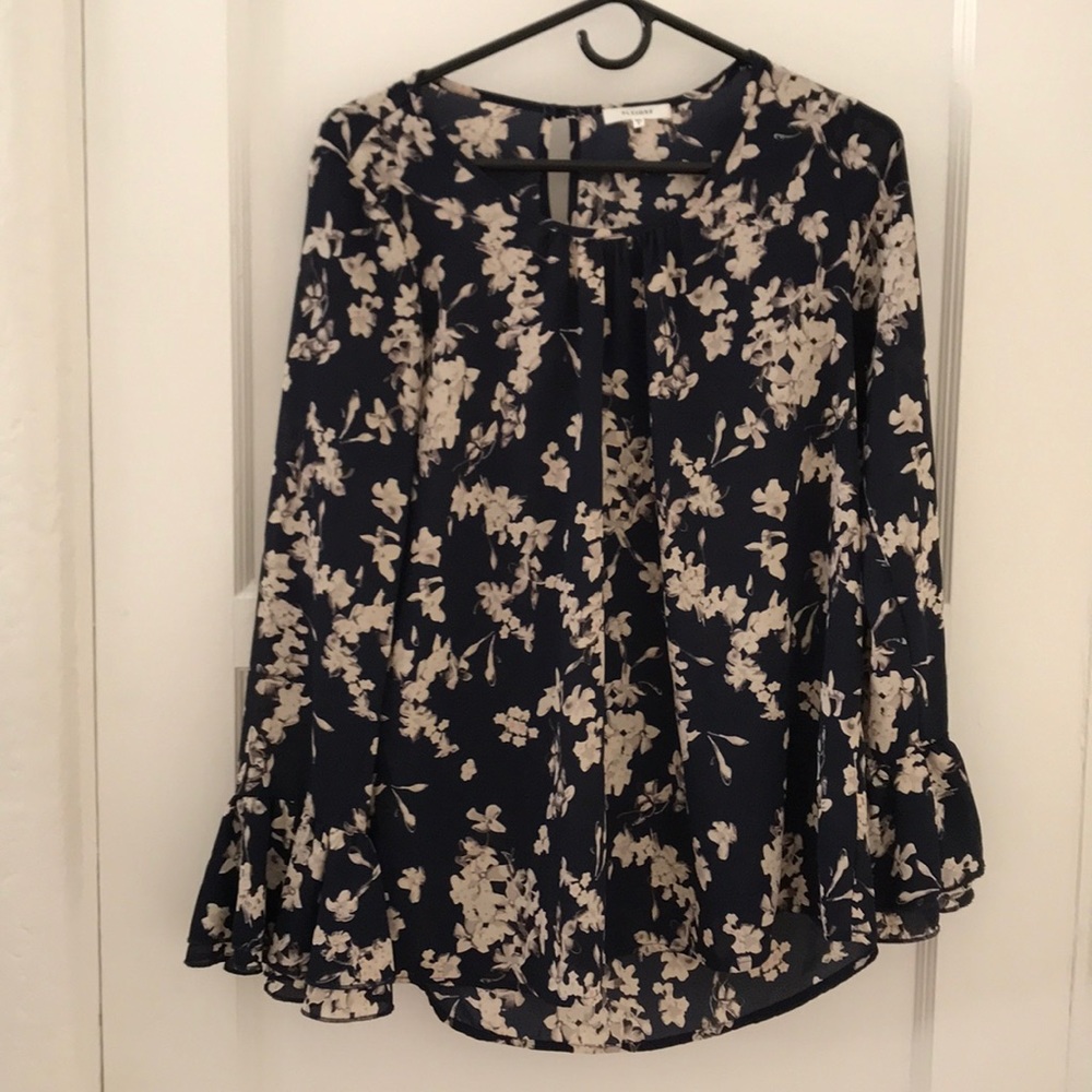 Navy/Tan Floral Long Bell Sleeve Blouse